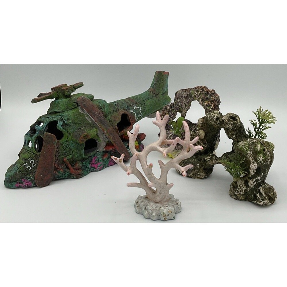 Lot  of 4 Aquarium Fish TankDecorations 1-Crashed Helicopter Wreckage ,3-coral